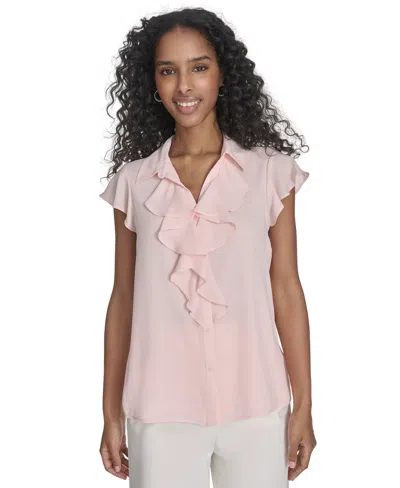 Calvin Klein Petite Solid Ruffle-front Blouse In Parfait