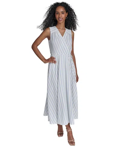 Calvin Klein Petite Striped Faux-wrap Maxi Dress In Blue Multi
