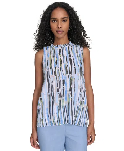 Calvin Klein Petite Striped Ruffle-neck Top In Blue
