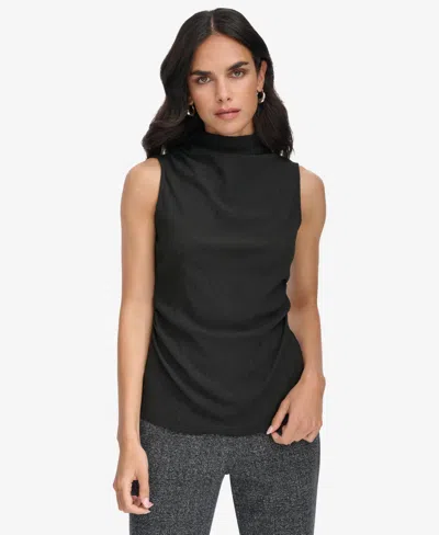 Calvin Klein Petite Textured Mock-neck Ruched Blouse In Black