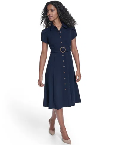 Calvin Klein Petite Tulip-sleeve Belted Crepe Shirt Dress In Blue