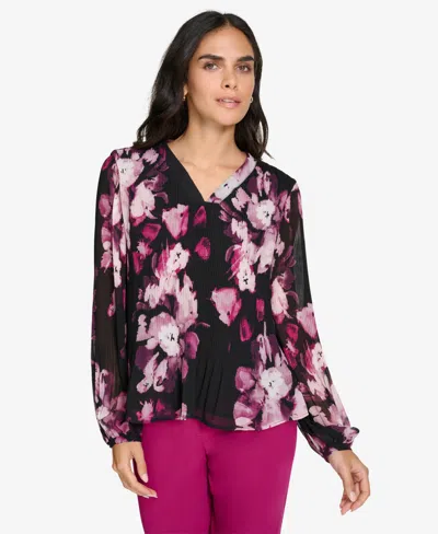 Calvin Klein Petite V-neck Long-sleeve Blouse In Black Multi