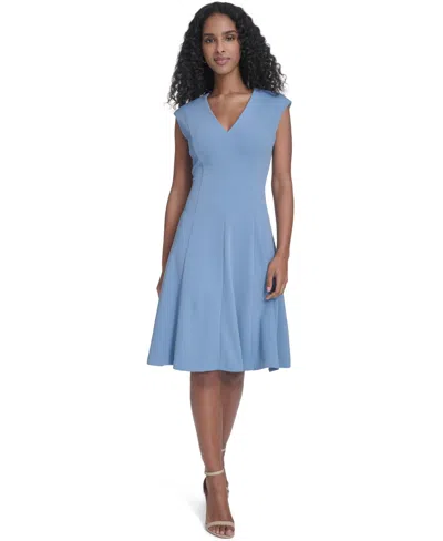 Calvin Klein Petite V-neck Sleeveless A-line Dress In Blue
