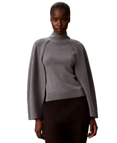 Calvin Klein Petites Mock Neck Cape Sleeveless Sweater In Gray