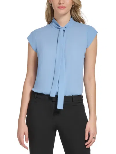 Calvin Klein Petites Womens Button Button-down Top In Blue