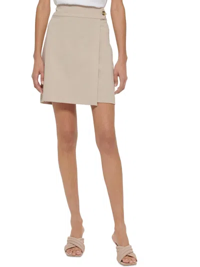 Calvin Klein Petites Womens Faux Wrap Midi Pencil Skirt In Beige