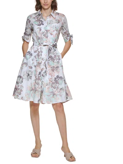 Calvin Klein Petites Womens Floral Print Above Knee Shirtdress In Multi