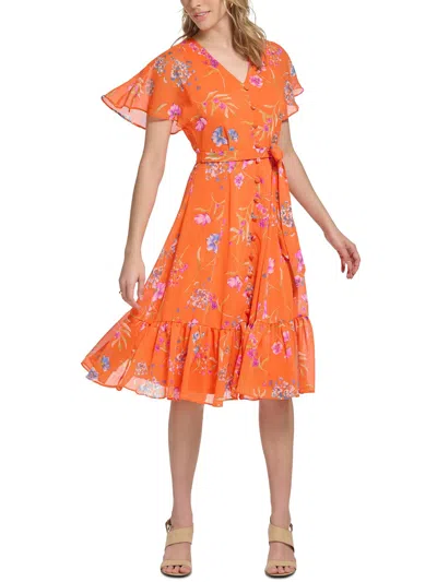 Calvin Klein Petites Womens Floral Print Knee Length Fit & Flare Dress In Multi