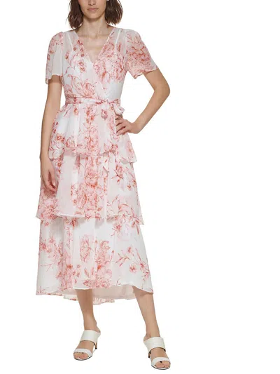 Calvin Klein Petites Womens Floral Short Sleeve Midi Dress In Pink