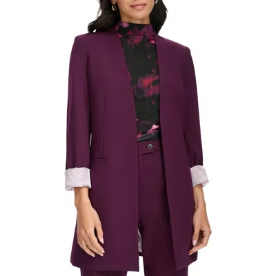 Calvin Klein Petite Cuffed Topper Jacket Floral Print Ruched Blouse Straight Leg Pants In Aubergine
