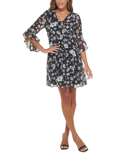 Calvin Klein Petites Womens Mini Floral Print Shift Dress In Black