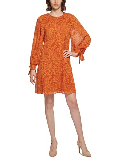 Calvin Klein Petites Womens Mini Tie Cuff Sleeve Shift Dress In Orange