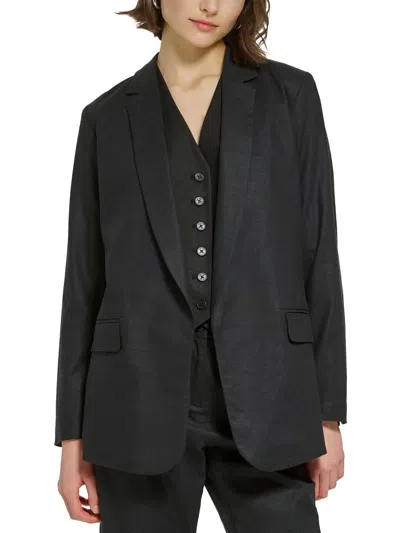 Calvin Klein Petites Womens Solid Linen Open-front Blazer In Black