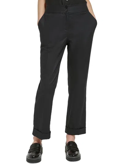 Calvin Klein Petites Womens Solid Linen Straight Leg Pants In Black