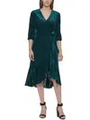 CALVIN KLEIN PETITES WOMENS VELVET BURNOUT MID-CALF WRAP DRESS