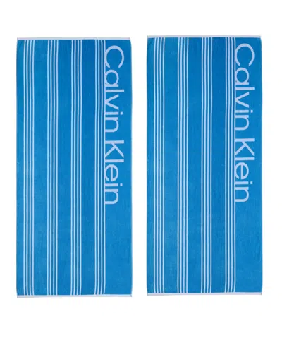 Calvin Klein Pinstripe Logo Cotton 2-pc. Beach Towel Set, 70" X 40" In Blue