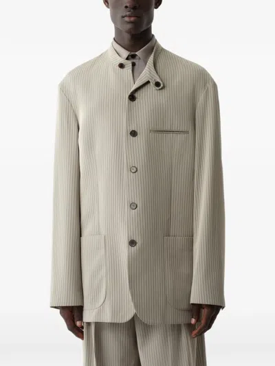 Calvin Klein Pinstripe-pattern Mandarin-collar Jacket In Gray