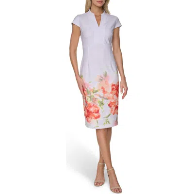 Calvin Klein Placed Floral Print Cap Sleeve Sheath Dress In White