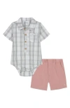 Calvin Klein Plaid Cotton Button-up Bodysuit & Solid Shorts Set In Grey Multi