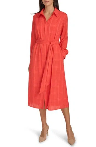Calvin Klein Plaid Long Sleeve Chiffon Shirtdress In Ginger