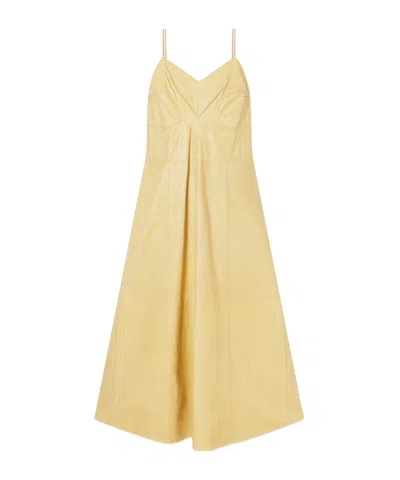 Calvin Klein Pleated Leather Slip Midi Dress In Yellow