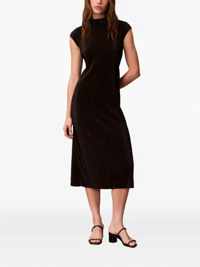 Calvin Klein Plissé-effect Cap-sleeves Dress In Black