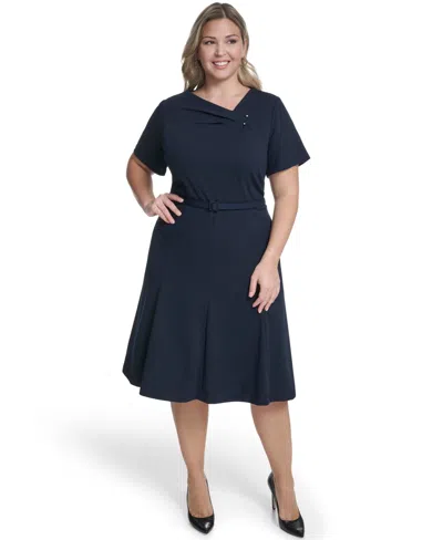 Calvin Klein Plus Size Asymmetrical Neck A-line Midi Dress In Blue