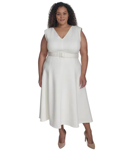 Calvin Klein Plus Size Belted A-line Dress In Cream