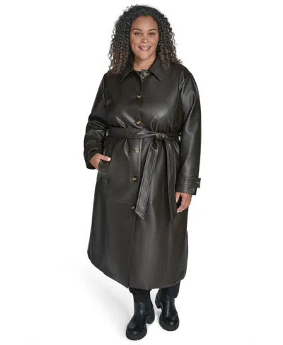 Calvin Klein Plus Size Belted Faux Leather Trench Coat In Black