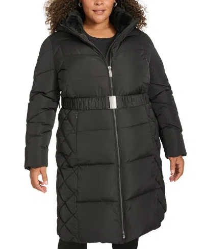 Calvin Klein Plus Size Belted Hooded Puffer Coat In Black