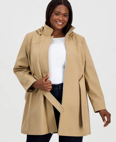 Calvin Klein Plus Size Belted Hooded Zip-front Raincoat In Nude