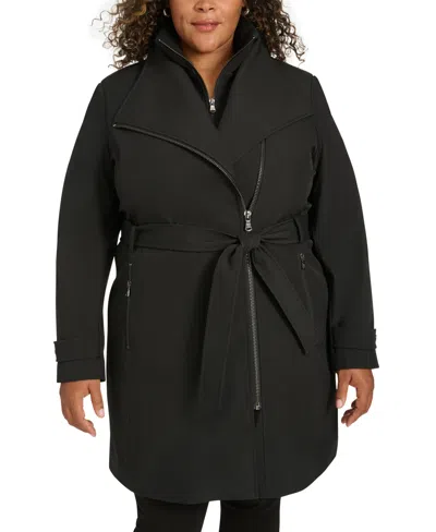 Calvin Klein Plus Size Belted Long-sleeve Wrap Coat, Created For Macy's In Black