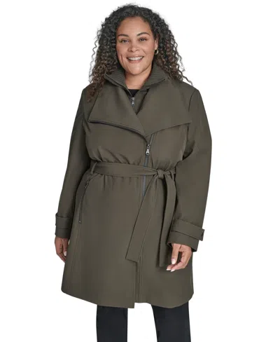 Calvin Klein Plus Size Belted Long-sleeve Wrap Coat, Created For Macy's In Brown
