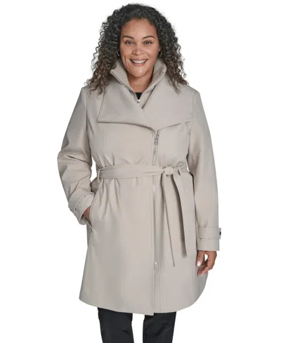 Calvin Klein Plus Size Belted Long-sleeve Wrap Coat, Created For Macy's In Gray