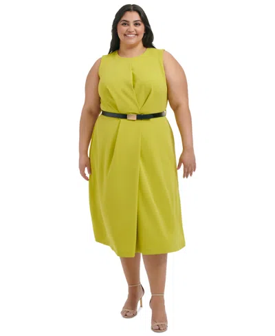 Calvin Klein Plus Size Belted Sleeveless Midi Dress In Celery