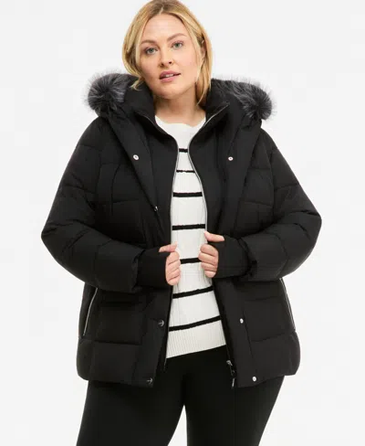 Calvin Klein Plus Size Bibbed Faux-fur Hooded Utility Puffer Coat In Blue