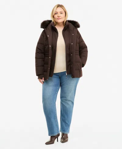 Calvin Klein Plus Size Bibbed Faux-fur Hooded Utility Puffer Coat In Brown
