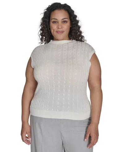 Calvin Klein Plus Size Cable Knit Cap Sleeve Sweater In Cream
