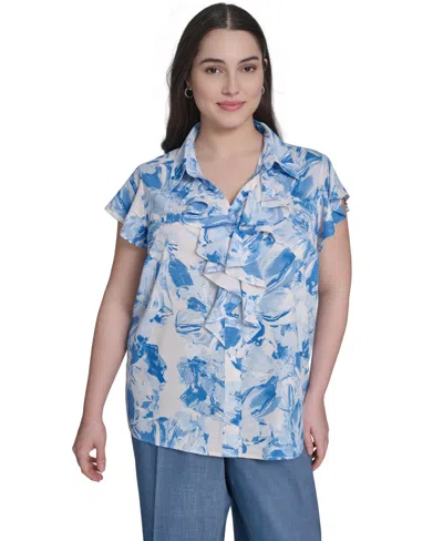 Calvin Klein Plus Size Cap-sleeve Ruffle-front Collared Top In Blue