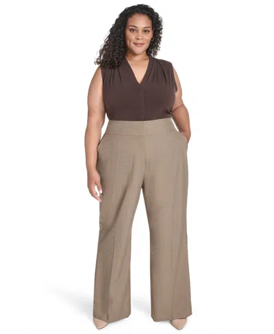 Calvin Klein Plus Size Check-print Wide-leg Pants In Brown