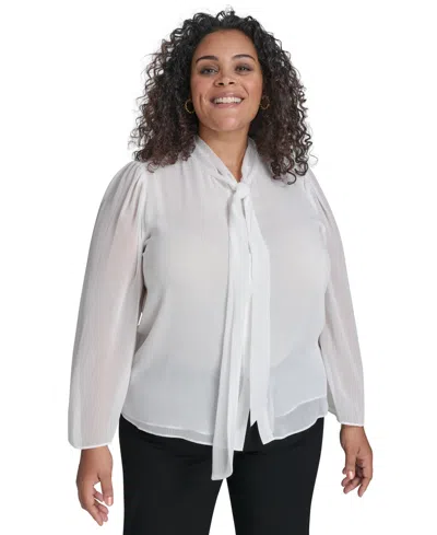 Calvin Klein Plus Size Chiffon Tie-neck Blouse In Cream