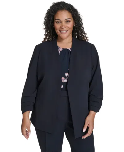 Calvin Klein Plus Size Collarless 3/4-sleeve Jacket In Blue