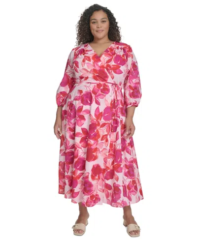 Calvin Klein Plus Size Cotton Floral-print Midi Dress In Hibiscus Multi
