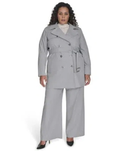 Calvin Klein Plus Size Double Breasted Belted Trench Coat Cable Knit Cap Sleeve Sweater High Rise Wide Leg Pants In Light Heather Multi