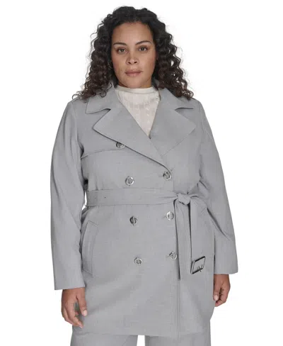 Calvin Klein Plus Size Double-breasted Belted Trench Coat In Light Heather Multi