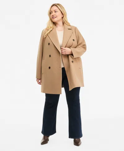 Calvin Klein Plus Size Double-breasted Pea Coat, Created For Macy's In Neutral