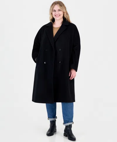 Calvin Klein Plus Size Double-breasted Wool-blend Notch Collar Coat In Black