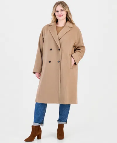 Calvin Klein Plus Size Double-breasted Wool-blend Notch Collar Coat In Brown