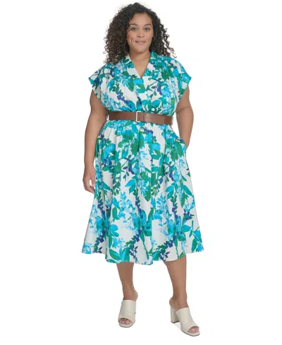 Calvin Klein Plus Size Floral-print Belted Midi Dress In Kelly Multi