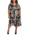 Calvin Klein Plus Size Floral-print Flutter-sleeve Chiffon Dress In Black Multi